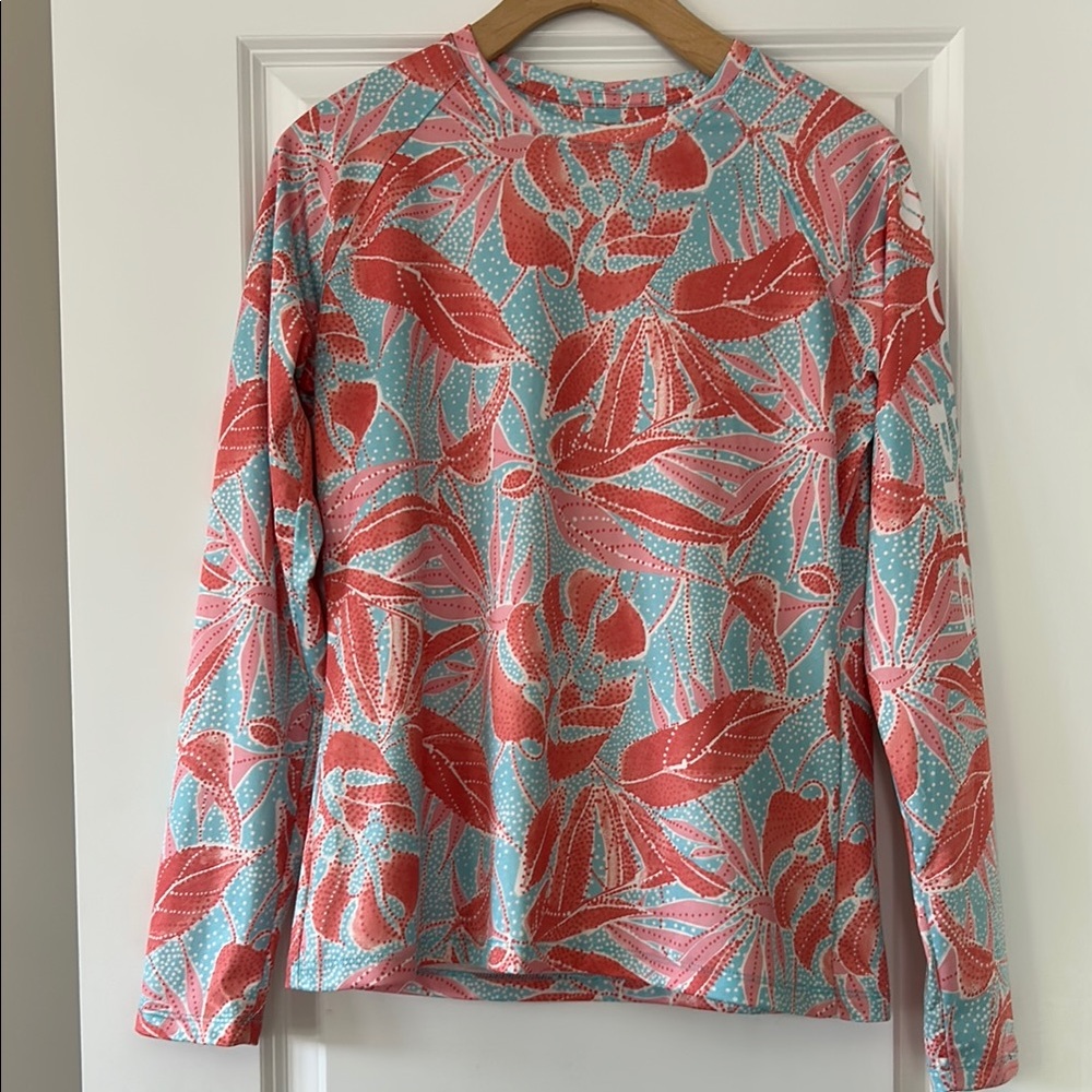 Columbia Orange & Aqua Floral Print PFG Shirt w Graphics Sz M w MEASUREMENTS
